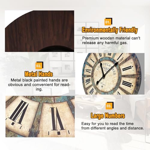 24 Inch Vintage Wall Clock, Roman Numerals Style, Battery Operated, Non-Ticking - Image 6