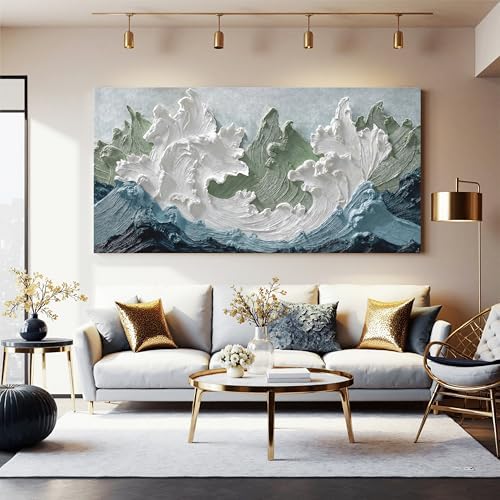 YISXINOAG White Green Ocean Wall Art Minimalist Coastal Painting 24"X48" - Image 2