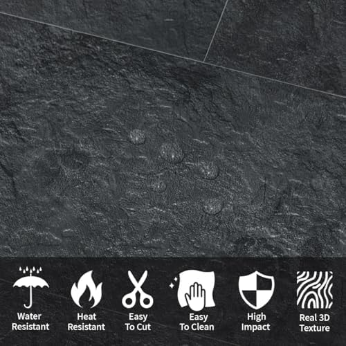 AULIGET 6" x 12" Black Slate Peel and Stick Backsplash Wall Tiles, PVC Faux - Image 2