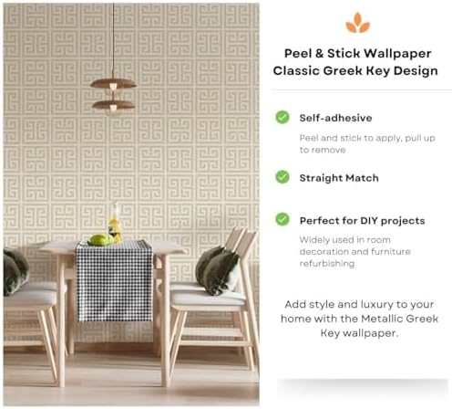 AMINAH DECO Greek Key Pattern Wallpaper 17.7"x236.0" Textured Metallic Gold on - Image 3