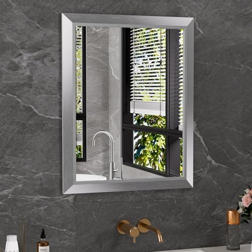 Amorho Bathroom Mirror for Wall 24x30 Inch, Brushed Silver Metal Framed by Amorho