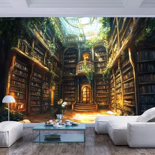 Warm Brown Green Decorative Wall Mural Wallpaper Lush Library Books Fantasy by Unknown