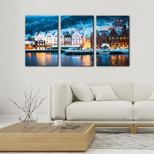 Pacimo 3 Piece Norway Cityscape Canvas Wall Art, Bruges Night View Print - Image 3