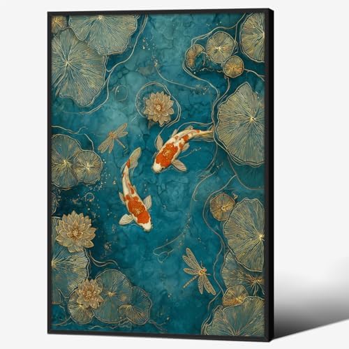Japanese Koi Fish Zen Black Framed Canvas Wall Art Traditional Oriental Asian by Unknown