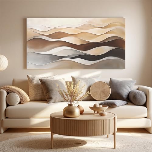 Abstract Art Decor Wavy Stripes Print Brown White Wall Art Painting 24"×48" - Image 4