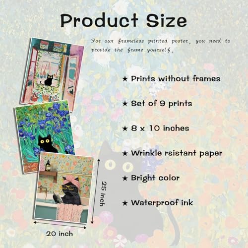 XIANGRUI Cute Cat Wall Art Set of 9, Vintage Black Cat Prints 10x8In - Image 3