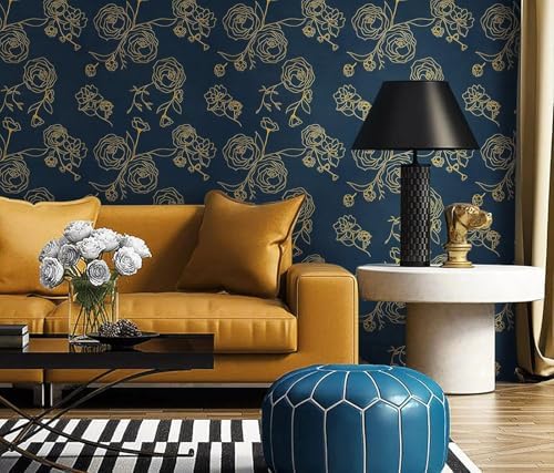 Safiyya 590"x17.3" Peel and Stick Wallpaper Gold and Blue Contact Paper Floral - Image 5