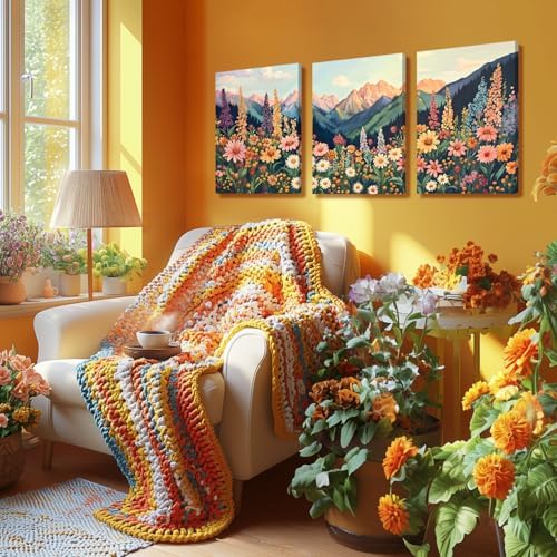 Hianan Wrapped Canvas Boho Moutain Wildflower Wall Art Set of 3, 16x24 in - Image 6