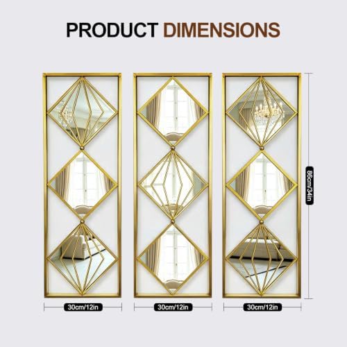 Set of 3 Gold Wall Mirrors, Large Geometric Decorative Mirrors - Image 2