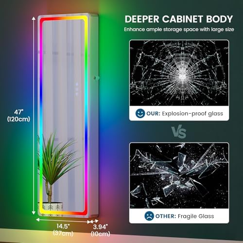 HNEBC Full Length Mirror with Storage, Wall Mounted Jewelry Cabinet with RGB - Image 2