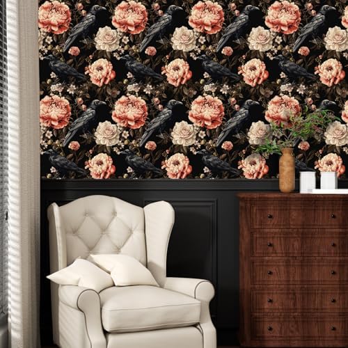 ILHIIOR Black Crow Floral Peel and Stick Wallpaper 17.5 x 118 Inches - Image 6