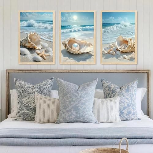 SYWENNOI Triptych Coastal Shell Pearl Framed Canvas Wall Art 16x24 inch x3 - Image 2