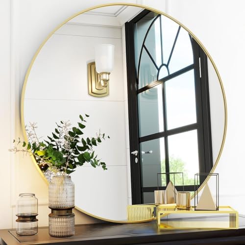 VooBang Gold Round Bathroom Mirror 30", Thin Metal Frame Wall Mirror by VooBang