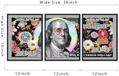 Black Framed Wall Art Canvas Money 100 Dollar Flowers Painting 3 Panels - Image 5