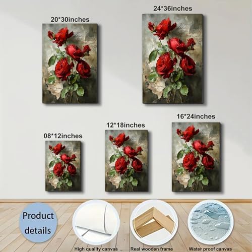 Ship Next Day Red Rose Wall Art Canvas Prints Vintage Floral Pictures Canvas - Image 6