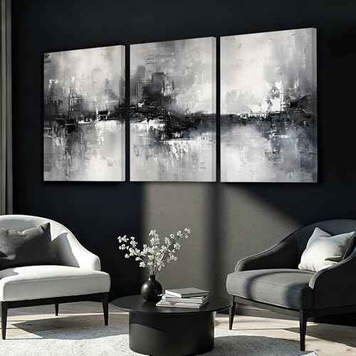 AVECCO Triptych Abstract Black White Gray Wrapped Canvas Wall Art 24x36 In - Image 4