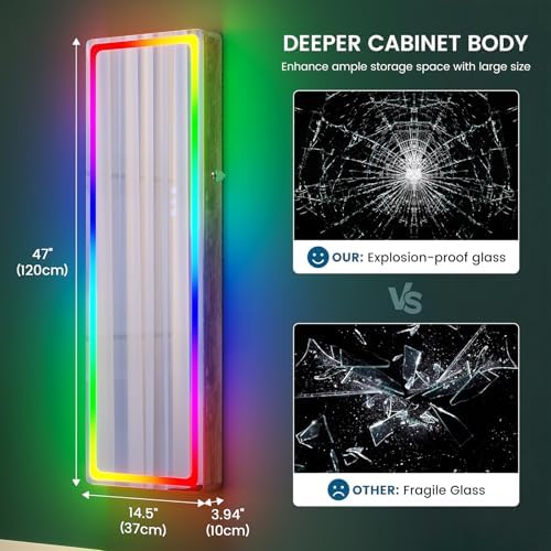 HNEBC Full Length Mirror with Storage, Wall Mounted Jewelry Cabinet with RGB - Image 2
