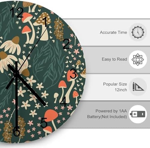 Botanical Wood Wall Clock, Cartoon Green Botanical Floral Leaves Mushroom Plant - Image 3
