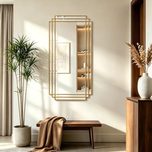 47"x24" Large Gold Geometric Rectangle Beveled Mirror by ReflectPerfectionEveryDay