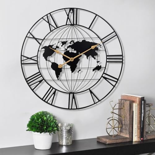 SIN&MI Large World Map Wall Clock, Metal Minimalist Modern Clock, Round by SINMI