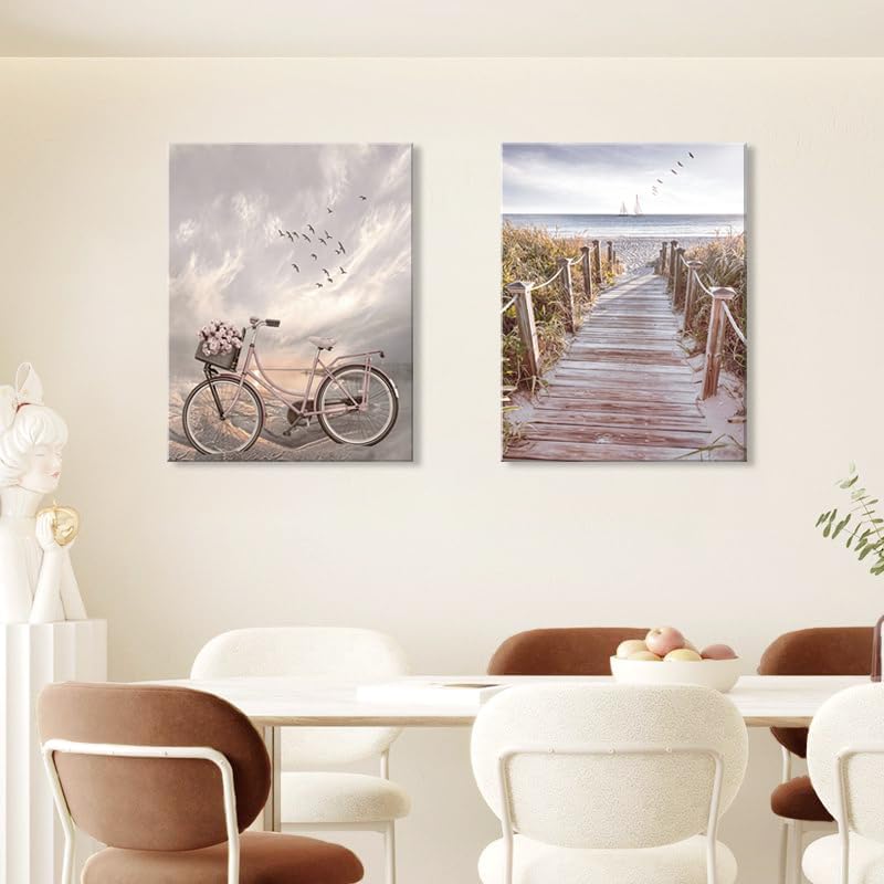 Beach Canvas Wall Art Neutral Coastal Canvas Pictures Vintage Bicycle Wooden - Image 5