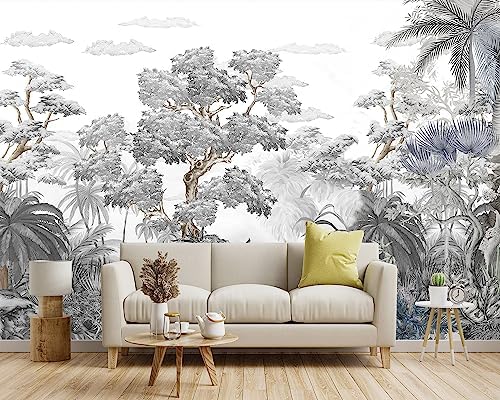 -Tropical Rainforest Botanical Grey Jungle Forest Fabric Wallpaper Living Room - Image 2