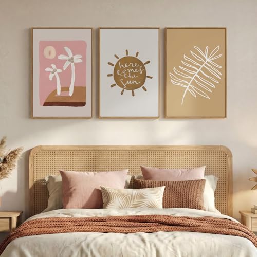 Framed Pink Brown Boho Wall Art Bedroom, 3 Piece Summer Neutral Palm Tree by Cuspin