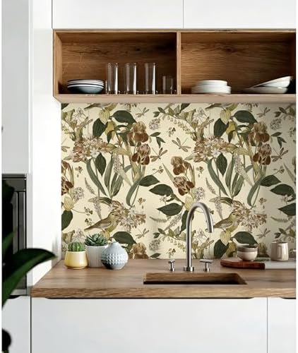 Beige Floral Bird Peel and Stick Wallpaper - Image 6