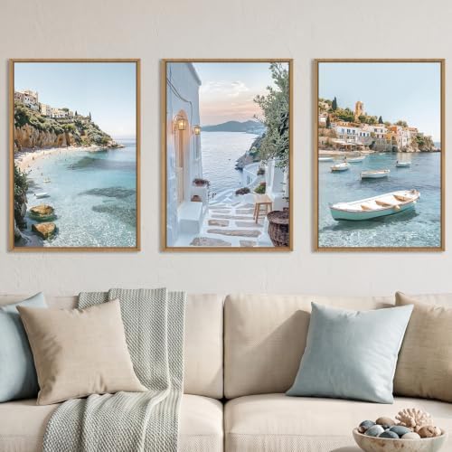 Aryroi Greek Island Coastal Scenery Framed Canvas Wall Art Set- 24"x36"x3 by Aryroi