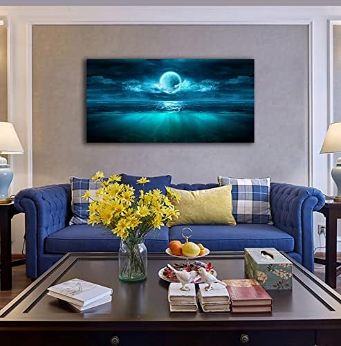 Full Moon Ocean Waves Wall Art Moon Night Canvas Pictures Dark Teal Blue - Image 2