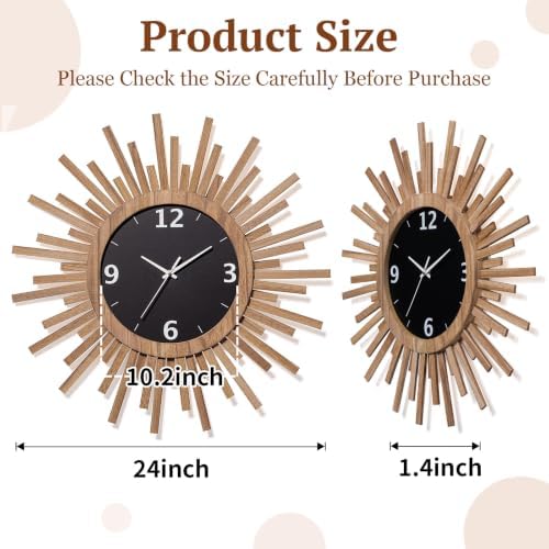 Honiway 24 Inch Large Wall Clock, Battery Operated, Rustic Wood Boho Sunburst - Image 3
