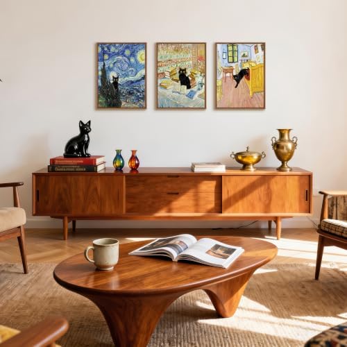 WENGTIAO 3Pcs Funny Black Cat Van Gogh Famous Painting Wall Art 12" x16x3 - Image 3