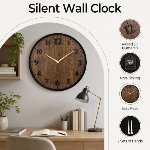 Wall Clock Farmhouse Vintage 20 Inch Silent Non-Ticking Battery Operated - Image 3