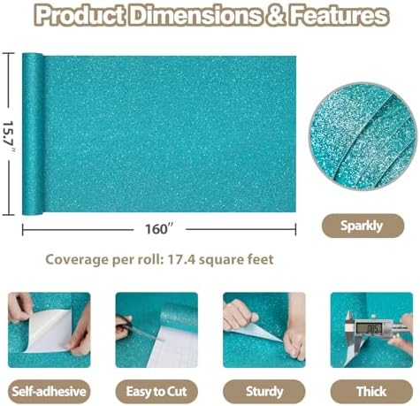 Teal Blue Glitter Peel and Stick Wallpaper Self Adhesive Sparkle Wallpaper - Image 3