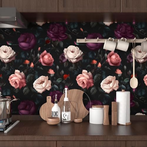 BOKEBEVE Dark Floral Wallpaper Peel and Stick Vintage Purple 17.5 x 393.5In - Image 3
