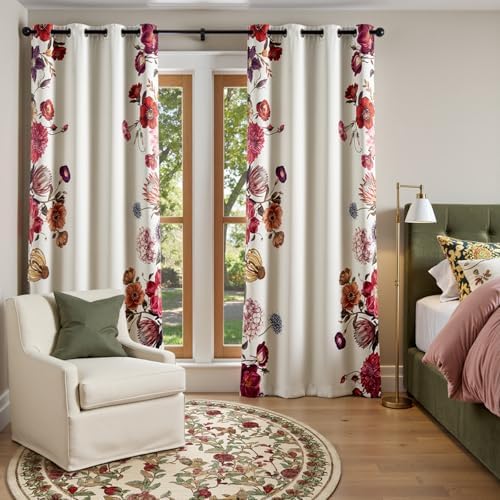 jinchan Beige Floral Blackout Curtains 84 Inch Vintage Grommet 2 Panels - Image 2