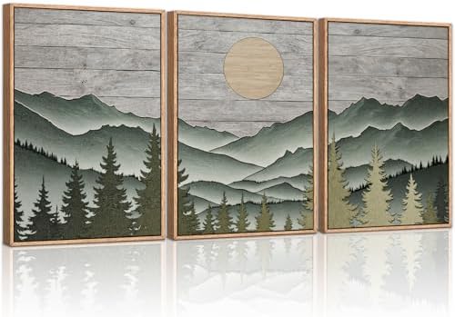 HLNIUC Mountain Framed Canvas Wall Art, Large Green Forest Woodcut Wall Decor by HLNIUC