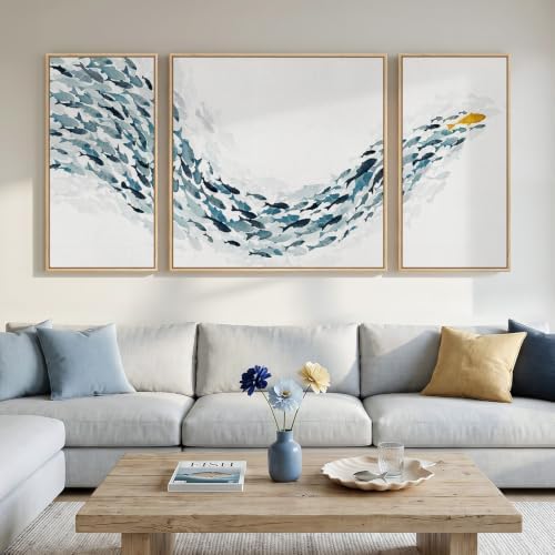 Extra Large 3 Piece Framed Blue White Coastal Fish Wall Art by Cuspin