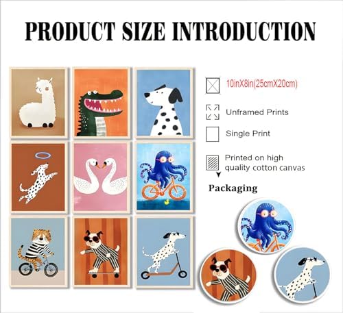 ZBMYYGO Kids Room Canvas Wall Art Set of 9, Funny Cute Cartoon Animal Posters - Image 3