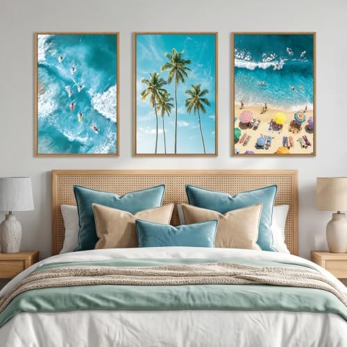 Aryroi Summer Surfing Beach Seascape Framed Canvas Wall Art Set, Natural - Image 5