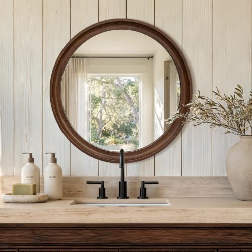 Round Wood Mirror, Walnut Brown - Image 3