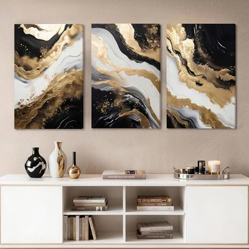 EJPFOGV Triptych Black White Gold Wrapped Canvas Wall Art 24x36 inches x3 - Image 4