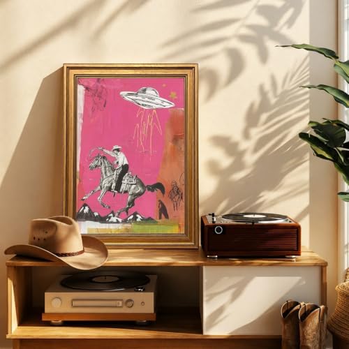 Vintage Gold Framed Western Wall Art, Retro Cowboy UFO Abduction Pictures Wall - Image 3