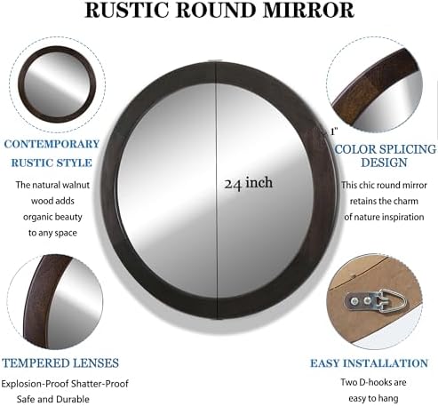 CULER Round Mirrors 24 Inch, Wood Vanity Wall Rustic Mirror - Image 4
