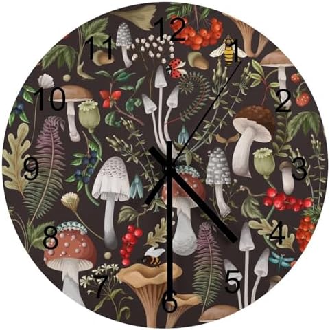 Botanical Wall Clock, Vintage Cartoon Abstract Botanical Mushroom Plants by LOMADIA