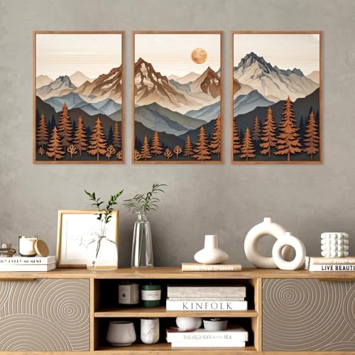 HLNIUC Boho Woodcut Mountain Framed Canvas Wall Art, Large Sun Forest Wall Decor - Image 2