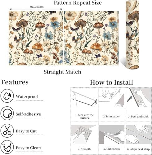 Froluya Mushroom Wallpaper Peel and Stick Vintage Floral 16.9" x 590.5" - Image 5