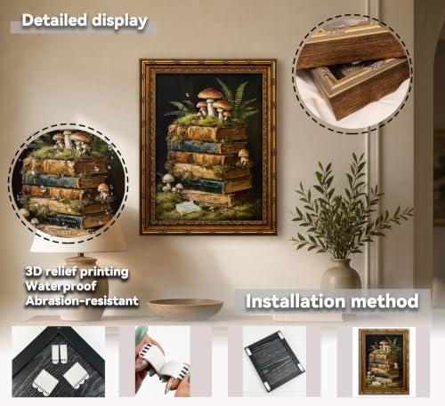 3D Textured Canvas Wall Art Vintage Carved Gold Frame Retro Stacked Books - Image 4