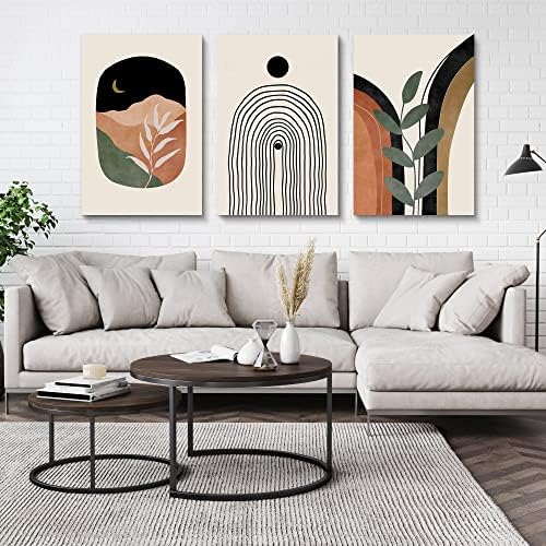 Boho Wall Art Set of 3, Mid Century Modern Canvas Wall Painting, Neutral - Image 5