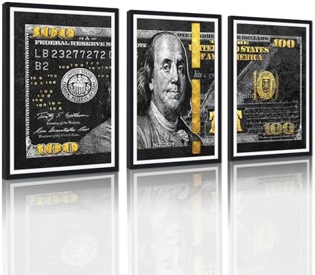 Money Wall Art Canvas Black Framed 100 Dollar Bill Painting 3 Panels by YatsenBridge